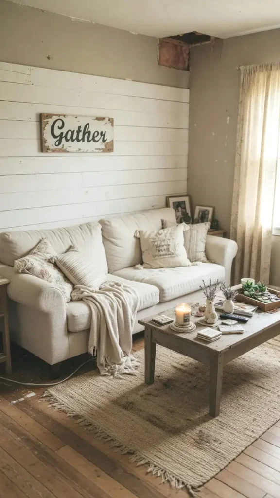 Rustic farmhouse living room with shiplap wall, linen sofa, and weathered wood coffee table in warm neutral tones