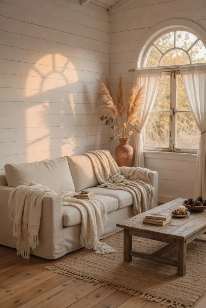 Warm farmhouse living room with creamy white shiplap walls, linen sofa, jute rug, and golden afternoon light