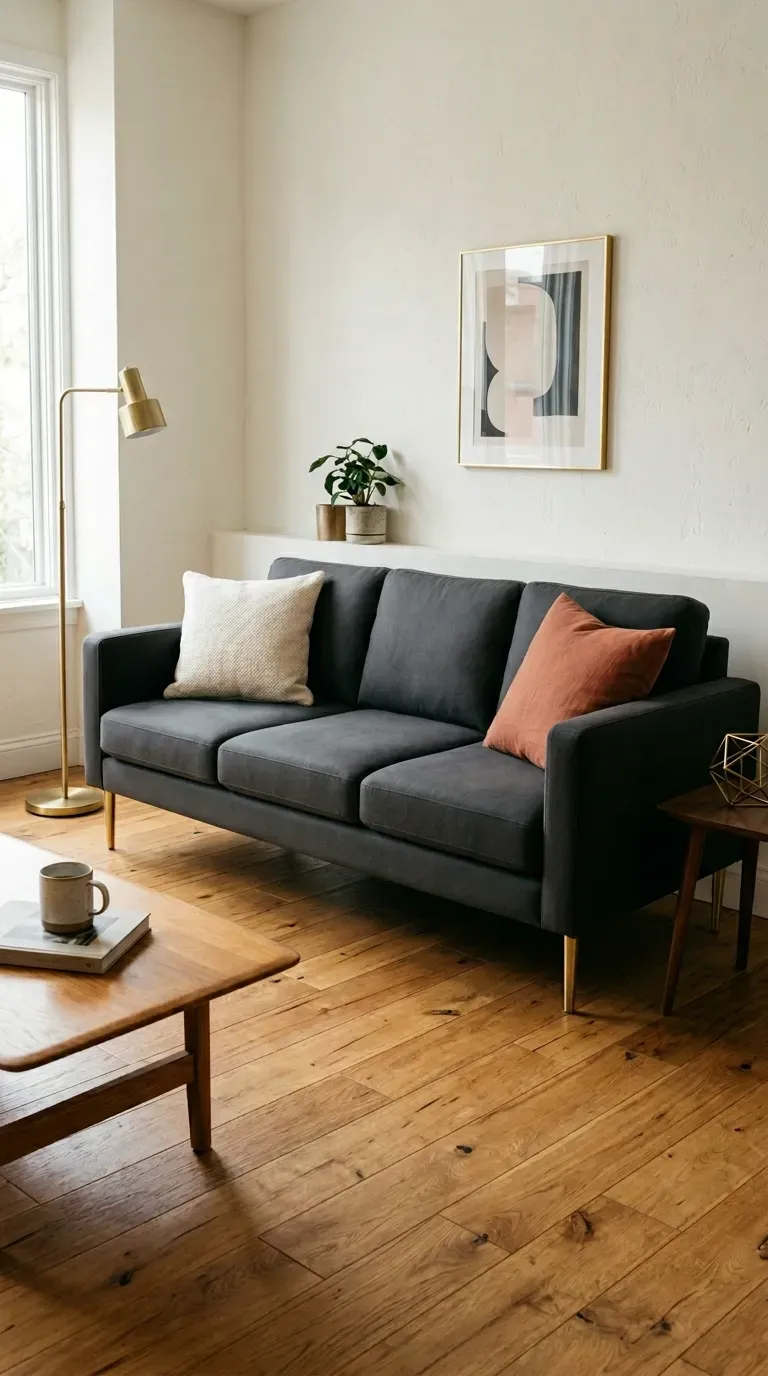 Dark grey sofa living room with brass tapered legs terracotta and white cushions warm white wall and timber coffee table edge