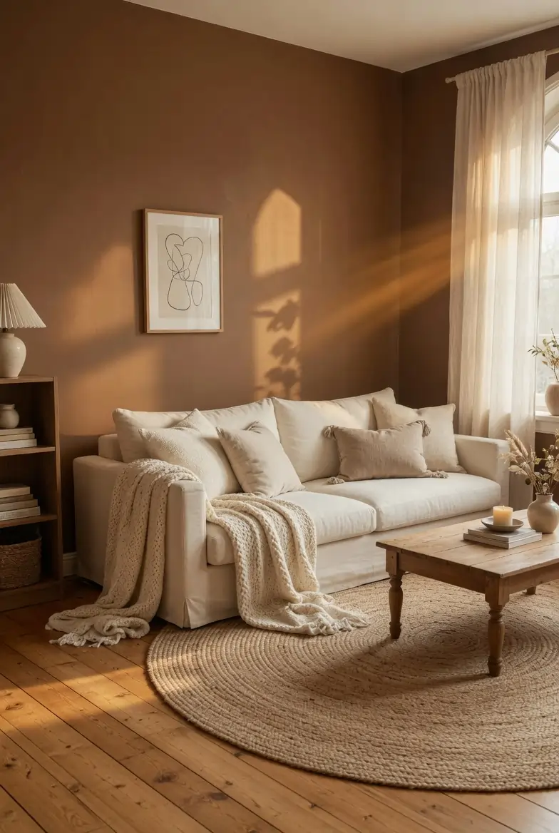 Brown walls living room with warm mid-brown paint, cream linen sofa, jute rug, and soft amber afternoon light