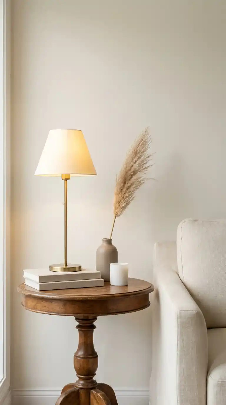 Styled living room side table with a cream lamp, stacked books, pampas stem in a ceramic vase, and a white candle beside a linen sofa