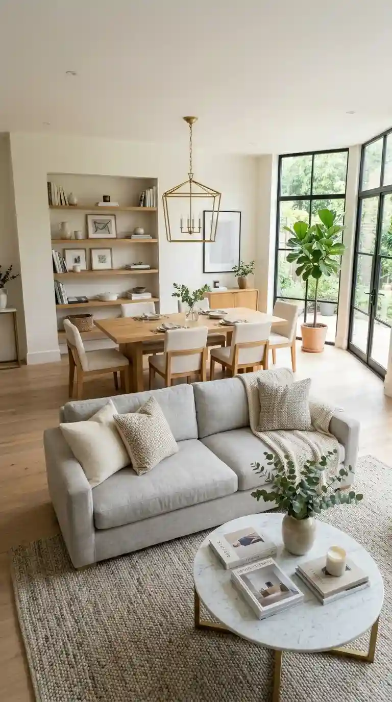 Bright open-plan living room with dining table zoned by a marble coffee table sofa setup and oak dining set under brass pendant light