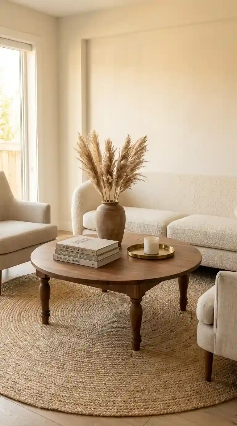 Round walnut wood middle table living room styled with pampas grass, books, and a candle on a cream boucle rug