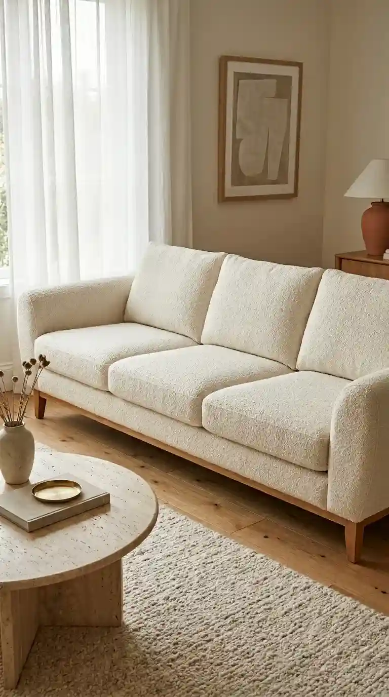 Modern living room sofa design with ivory low-profile sofa, round travertine coffee table, and warm neutral decor