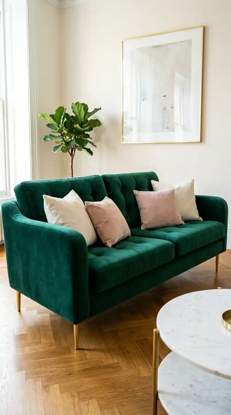 Emerald green velvet tufted luxury sofa living room with gold legs marble coffee table and abstract wall art in bright elegant space