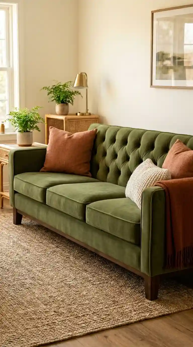 Olive green sofa living room with button tufted velvet fabric, terracotta pillows, and walnut block legs on a jute rug