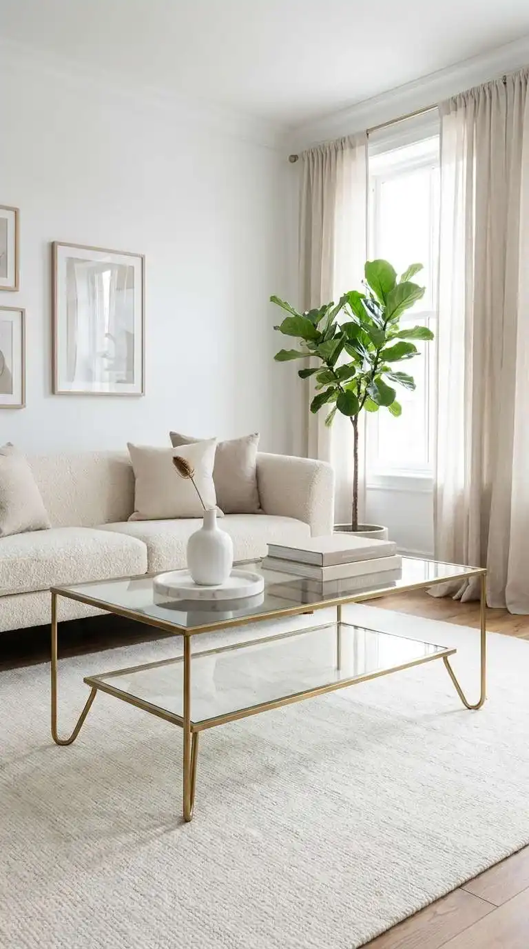 glass table living room styled with ceramic vase, stacked books, and marble tray on cream boucle sofa background