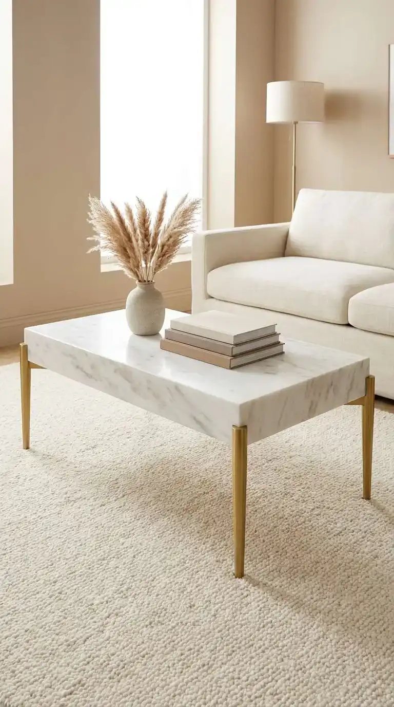 Styled white marble coffee table living room with dried botanicals, stacked books, and a linen sofa in a bright neutral space