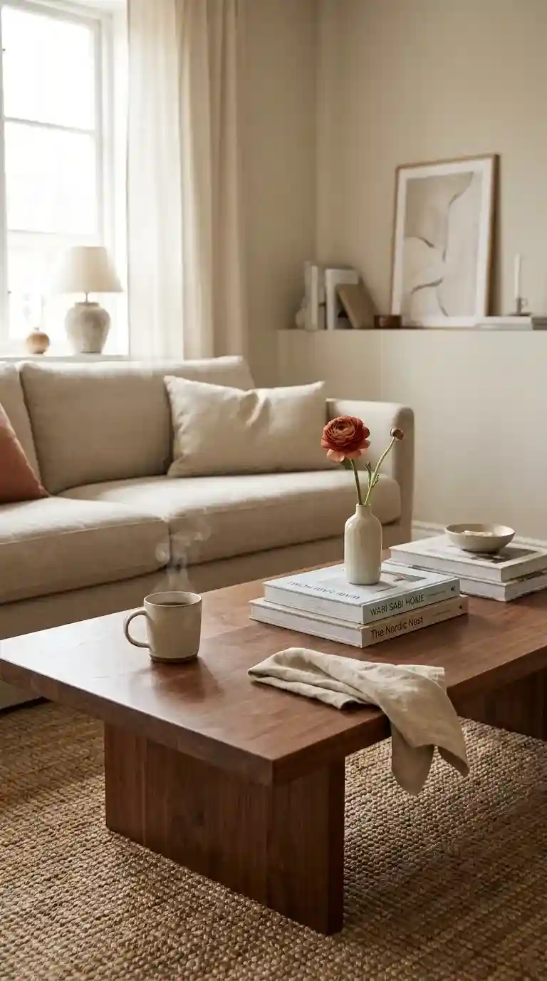 Bauhaus geometric black steel frame coffee table with white marble top and sculptural candle holder in a minimalist living room