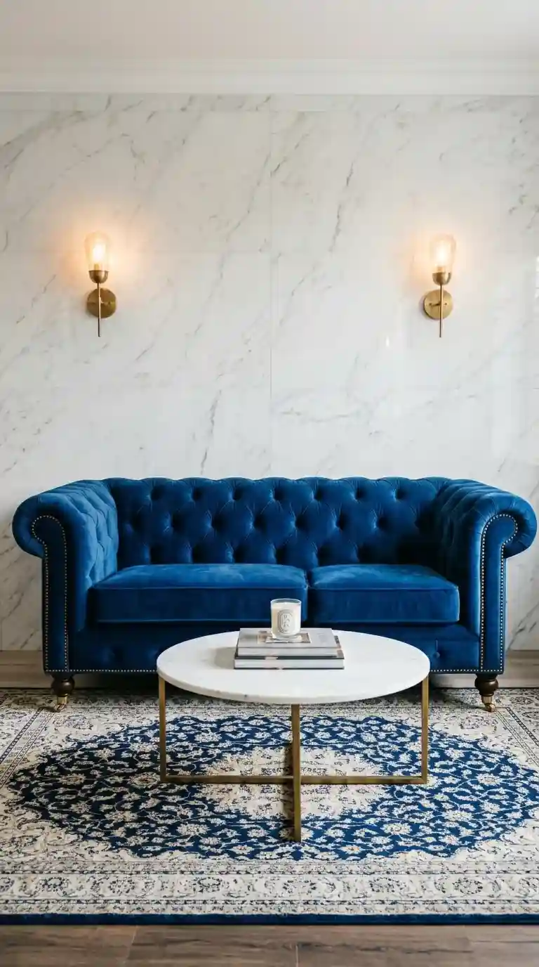Blue sofa living room ideas with royal blue velvet tufted sofa, white marble wall, and warm brass sconces