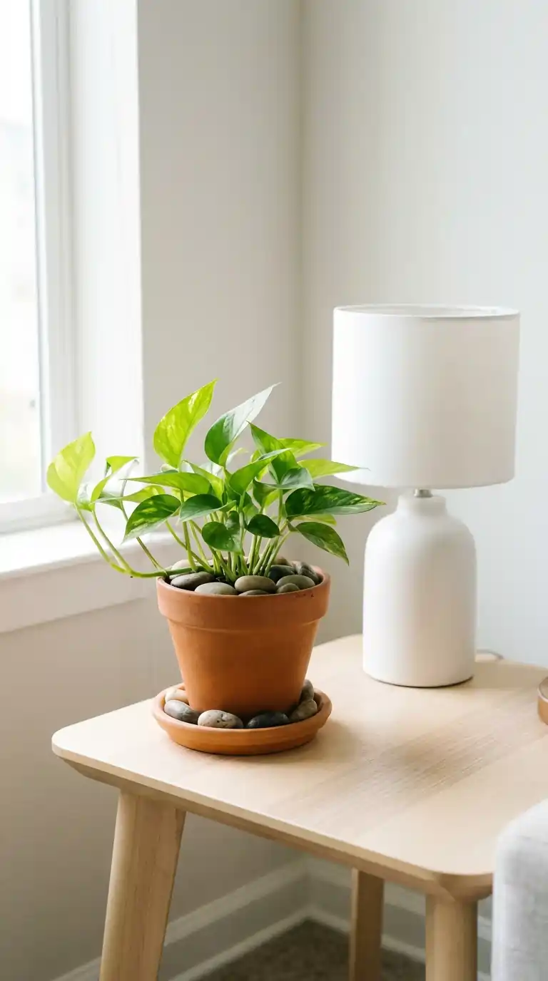 Small pothos plant in a terracotta pot on a light wood side table beside a white ceramic lamp in a bright living room corner