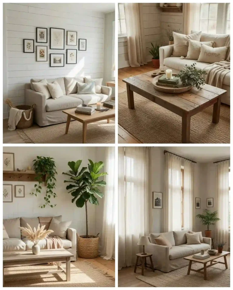 Cozy farmhouse living room collage with neutral decor, beige sofas, wooden tables, soft lighting, and plants.