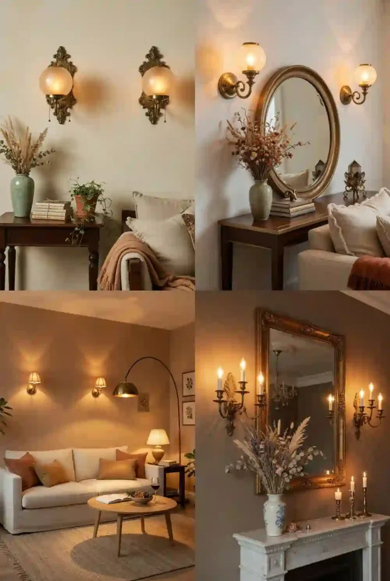 Living room wall units with vintage wall sconces, mirrors, and cozy lighting accents styled in warm neutral interiors