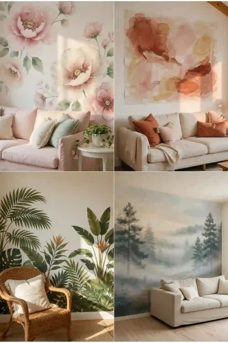 Living room wall units with floral, abstract, tropical, and landscape wall art creating a cozy and stylish neutral-toned interior.