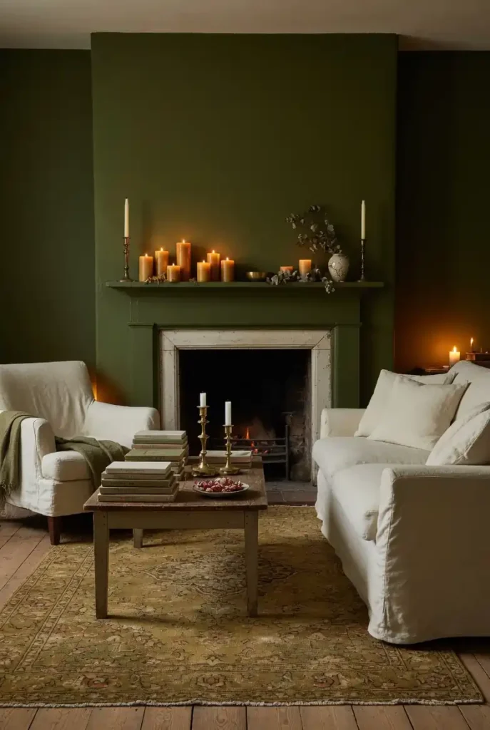 Moody farmhouse living room with deep olive green accent wall, cream sofa, Persian rug, and aged brass candlesticks