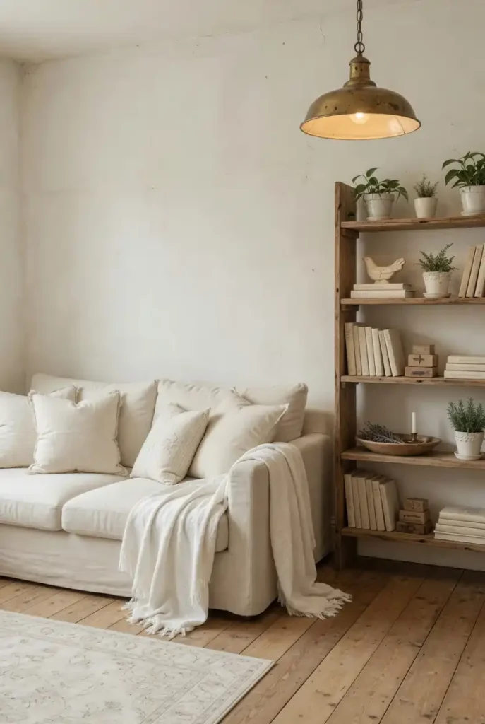 Timeless farmhouse living room with antique white walls, warm ivory linen sofa, reclaimed wood bookshelf, and brass pendant light