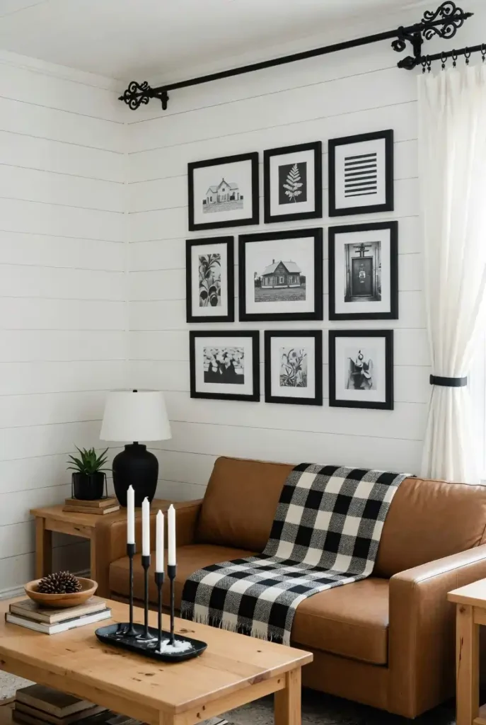 Farmhouse living room with white shiplap walls, matte black accents, buffalo check throw, and caramel leather sofa