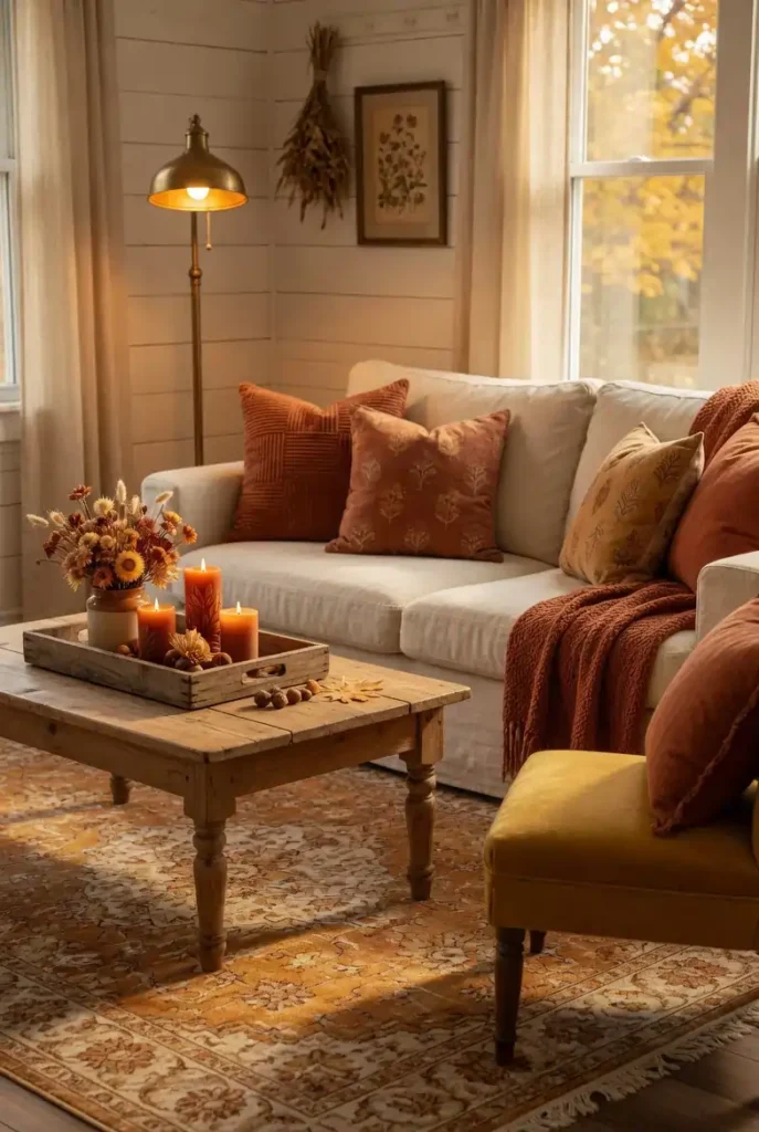 Cozy farmhouse living room with mustard yellow accent chair, rust throw pillows, and warm amber candlelight