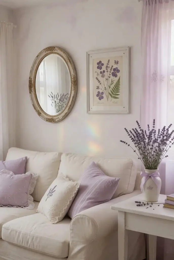Romantic farmhouse living room with cream linen sofa, dusty lavender throw pillows, dried lavender, and antique white mirror