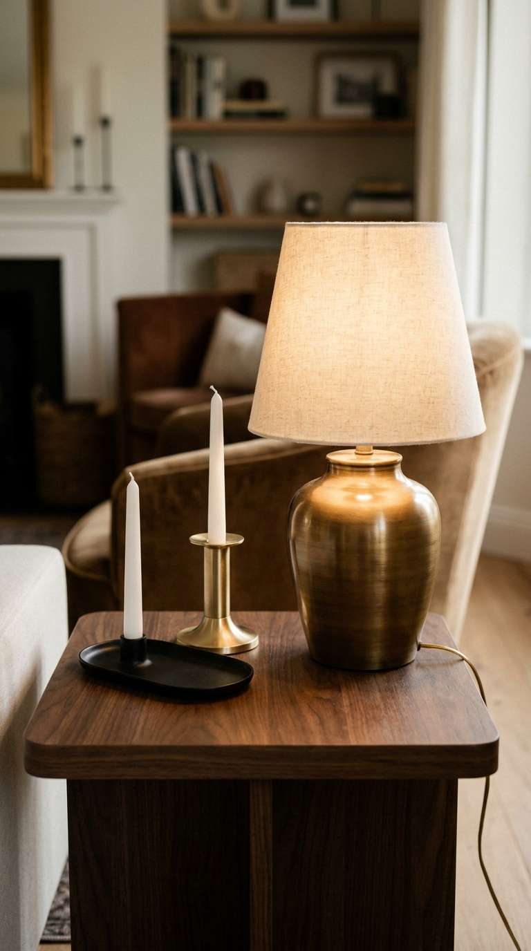 Side table decor living room styled with mixed metal finishes including an aged brass lamp, brushed gold candle holder, and matte black tray on a dark walnut surface