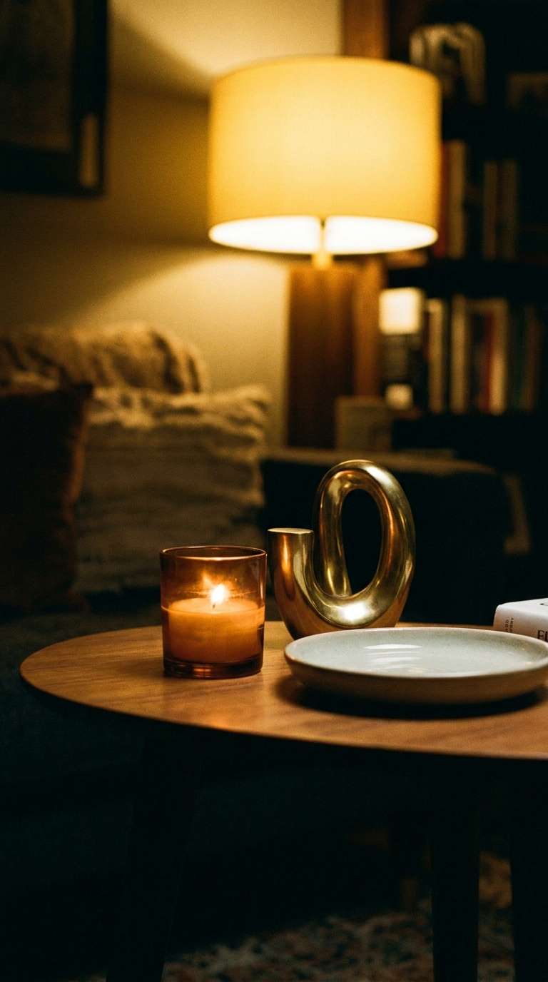 Cozy living room side table at night with a flickering amber glass candle, polished brass object, and warm lamp glow creating an intimate evening ambiance