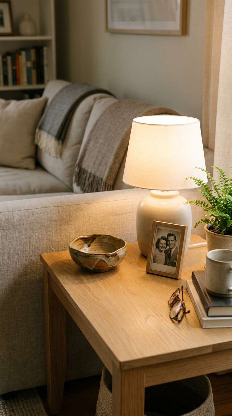 Cozy living room side table with a handmade pottery piece, small framed photo, and warm lamp glow creating a personal and curated home decor vignette