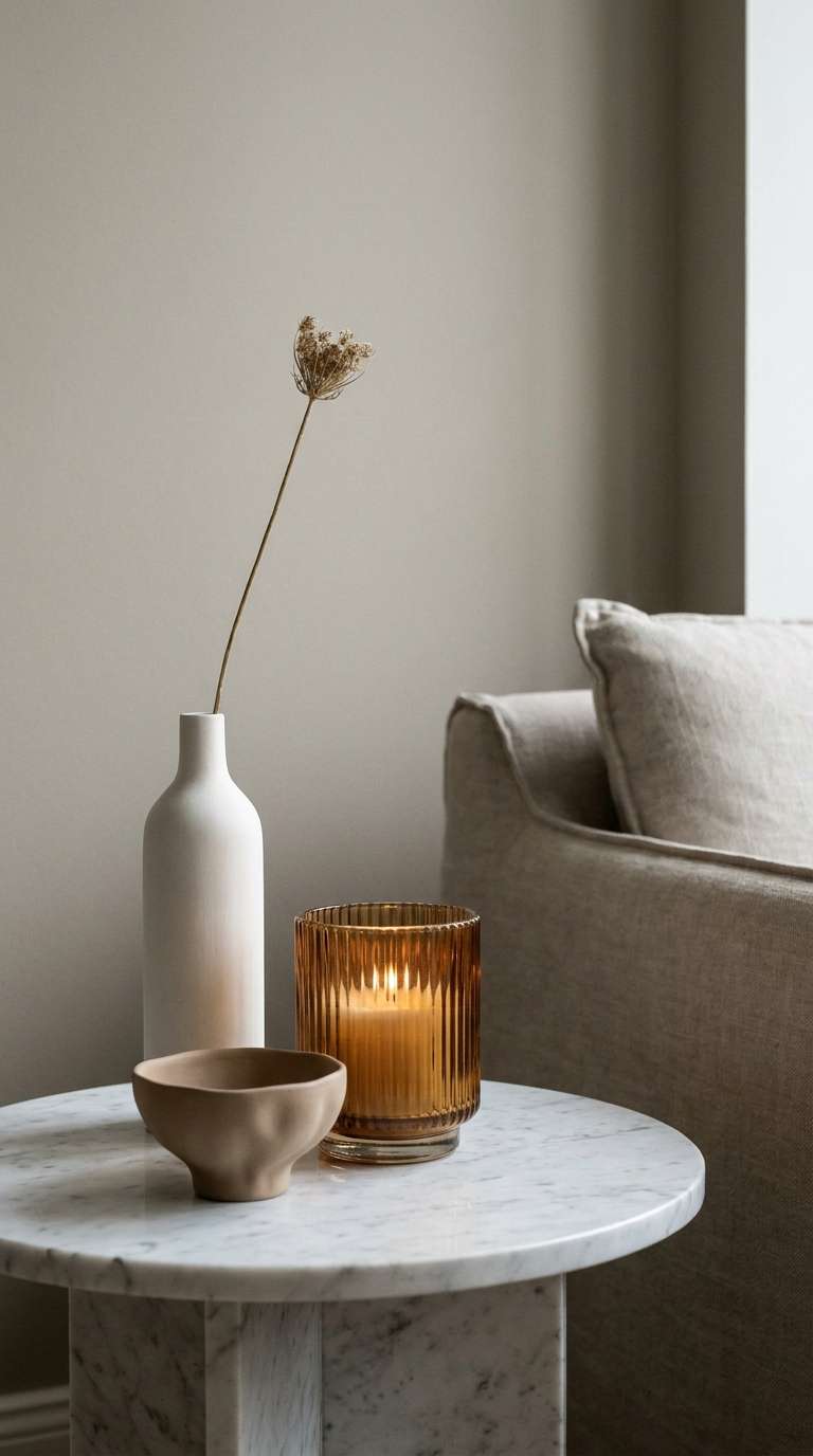 Marble-top side table styled with three objects of varying heights including a tall ceramic vase, amber glass candle holder, and small clay bowl for balanced living room decor