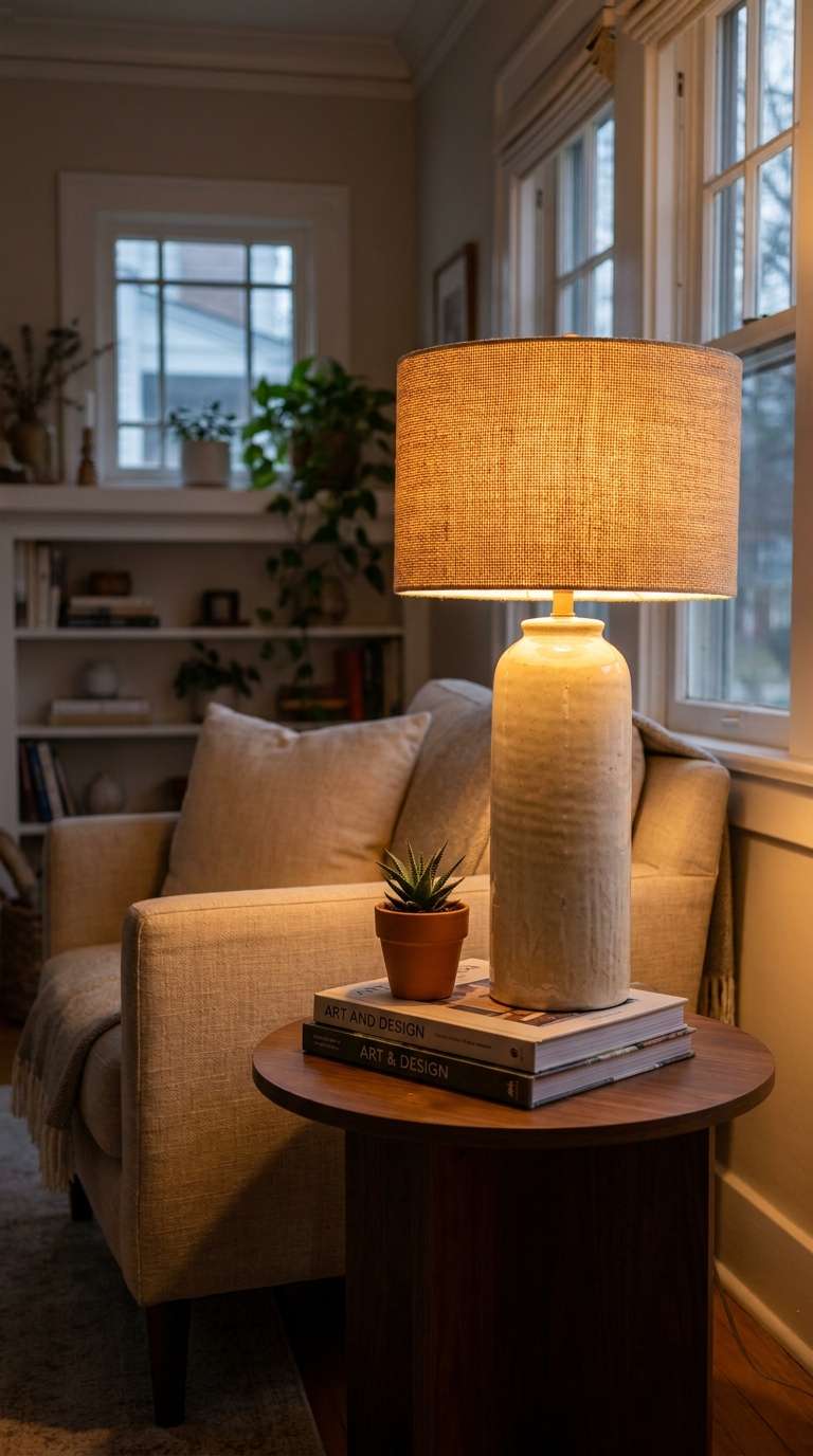 Sculptural cream ceramic table lamp with a drum shade glowing warmly on a round side table beside a cozy armchair in a neutral living room