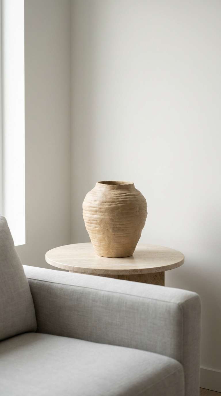 Single oversized handformed sand-tone ceramic vase on a travertine side table with intentional negative space in a minimal neutral living room