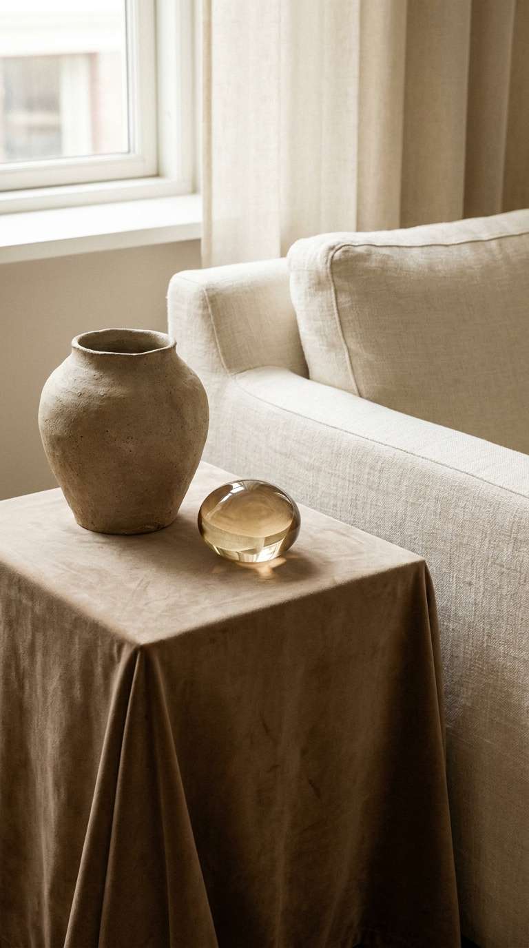 Rough handmade stoneware vase next to a smooth polished glass object on a living room side table showing texture contrast in neutral home decor styling