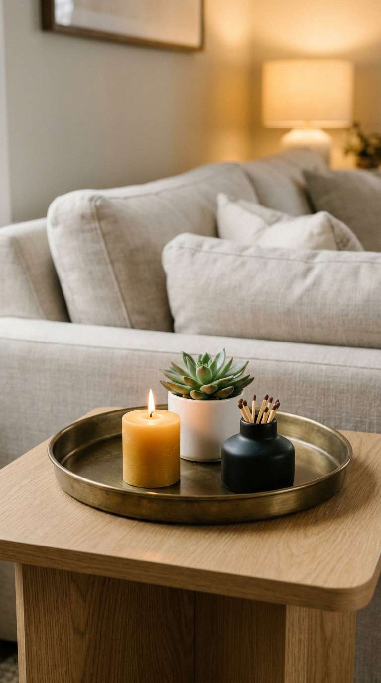 Round brass tray on a wooden side table holding a pillar candle, small succulent in a white pot, and a matte black matchstick holder for polished living room side table decor