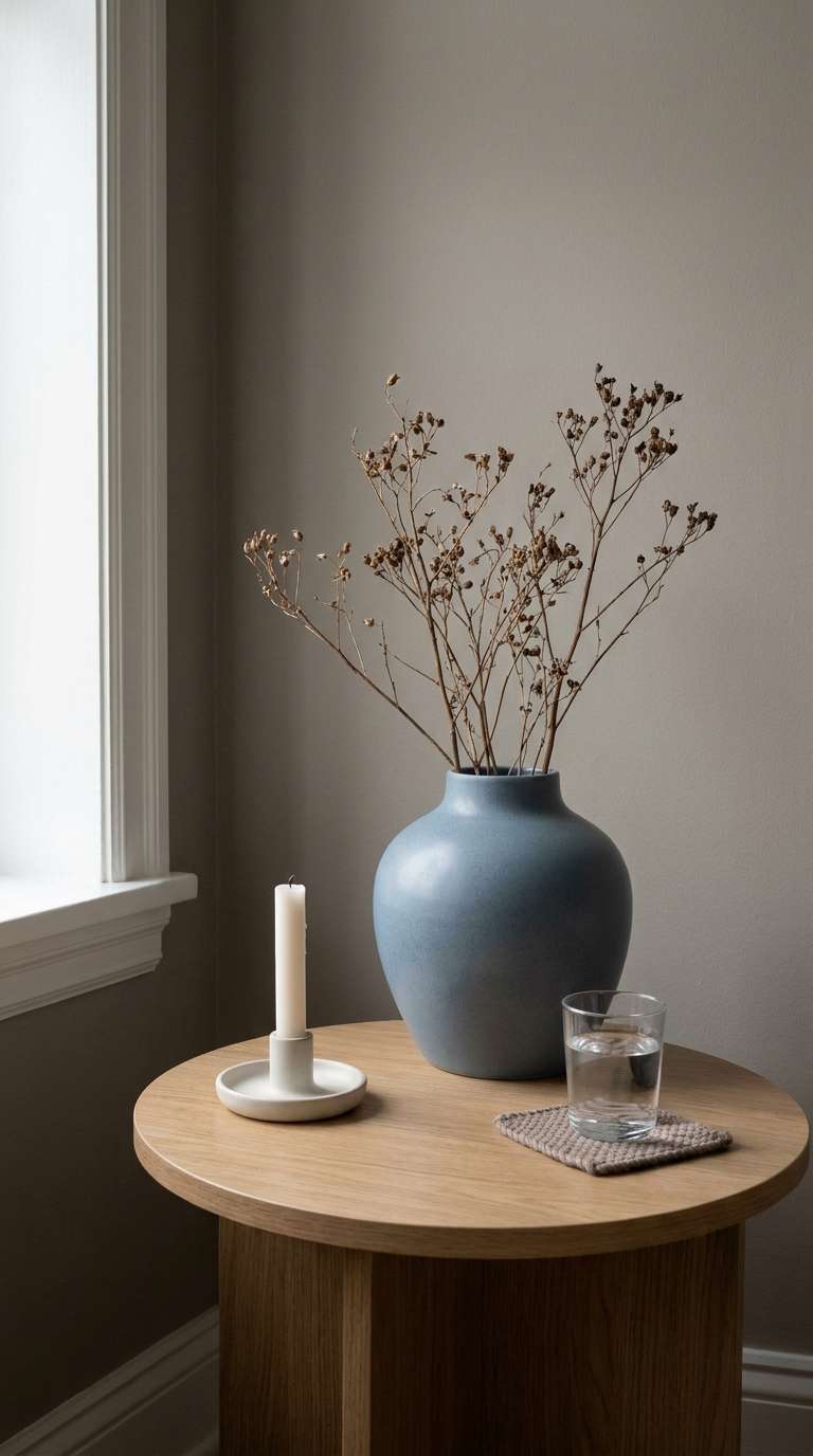 Side table styled with dusty blue vase, white candle, and taupe coaster against a warm gray wall showing how wall color can inspire living room table decor