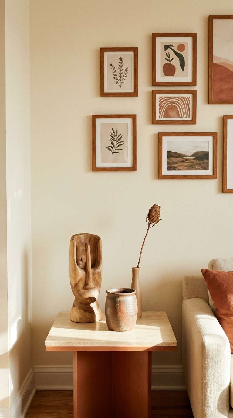 Living room corner with a side table styled in warm wood tones below a gallery wall of framed prints showing coordinated wall and table decor