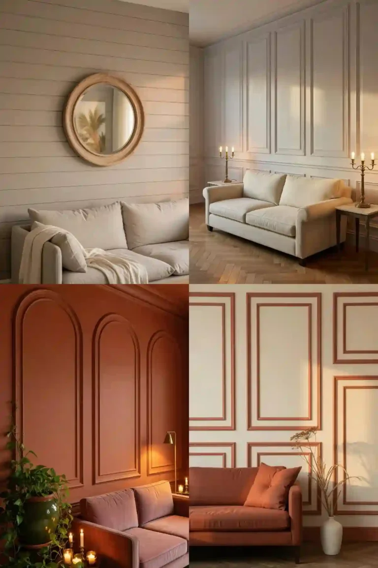 Wall molding living room collage featuring modern and classic panel wall designs with neutral and warm-toned sofas
