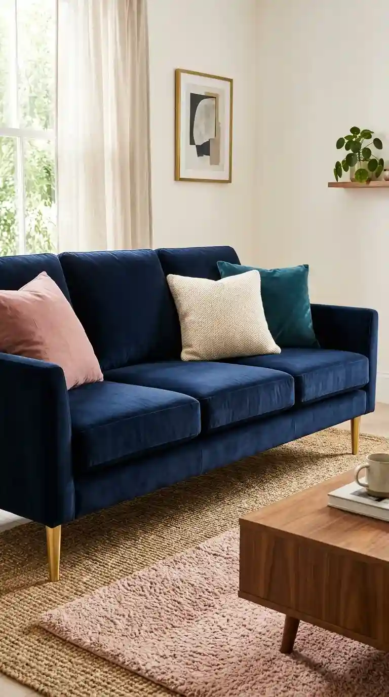 Dark blue velvet sofa living room with brass legs dusty rose ivory and teal cushions layered jute and blush rugs on warm white wall