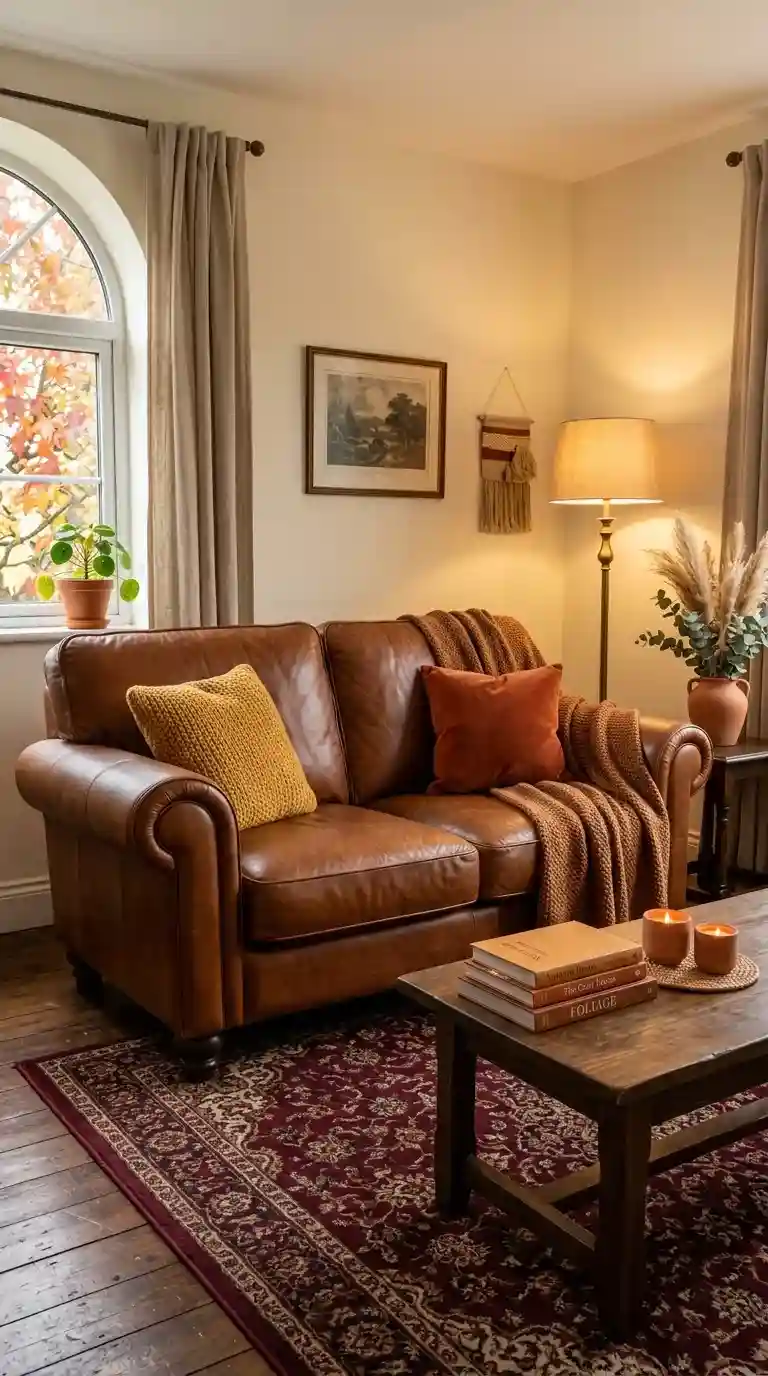 tobacco brown leather sofa with mustard cushions cinnamon throw burgundy rug and terracotta pots in autumn living room