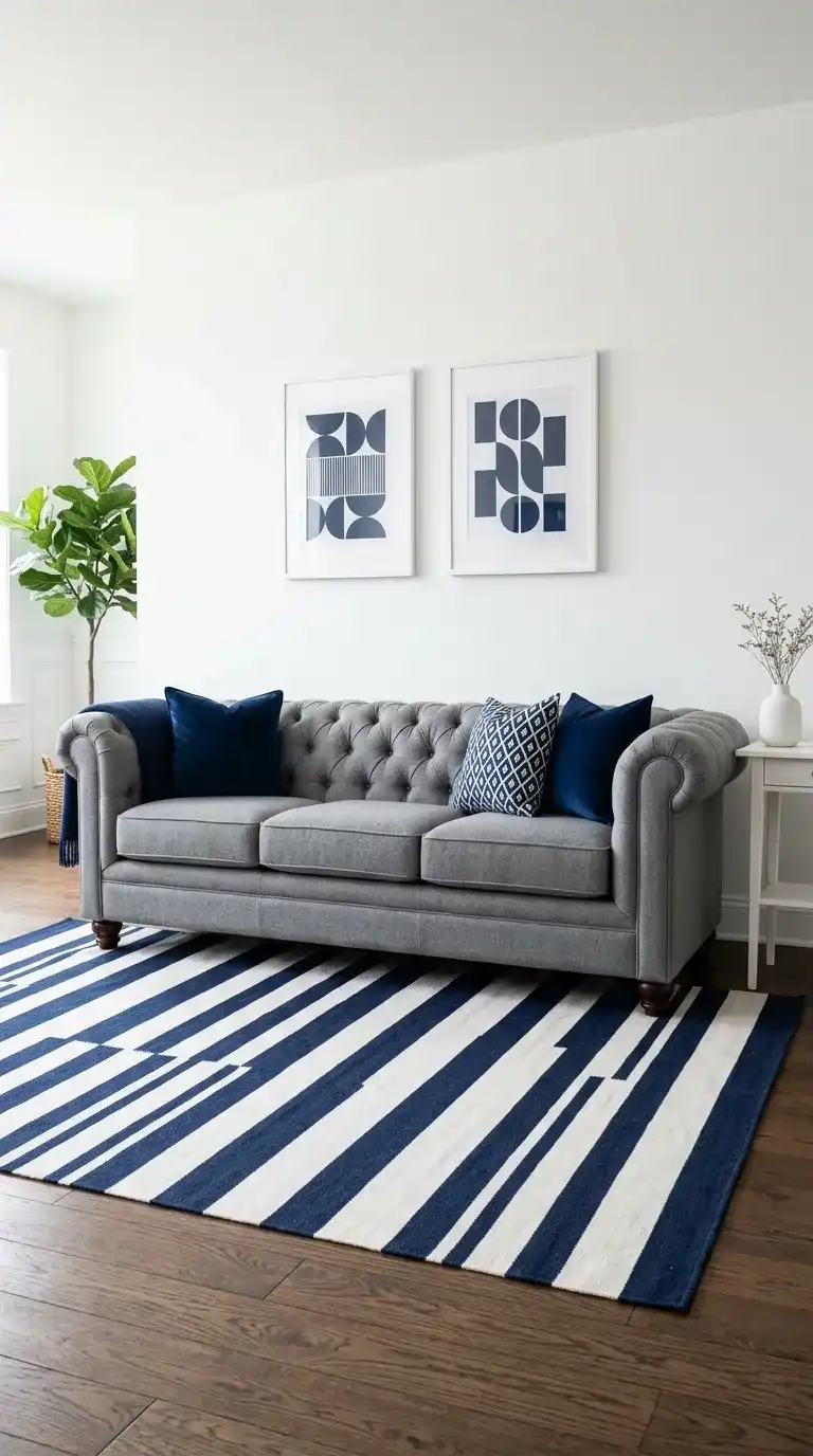 gray tufted wool sofa with navy cushions, navy throw, navy-white striped rug, and white-framed art prints on white walls