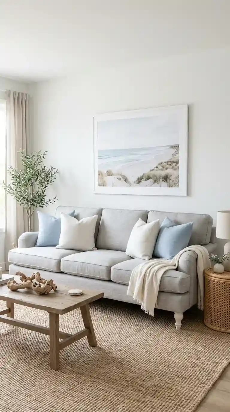 coastal light grey linen sofa with powder blue and white cushions, whitewashed legs, and sandy rug beneath
