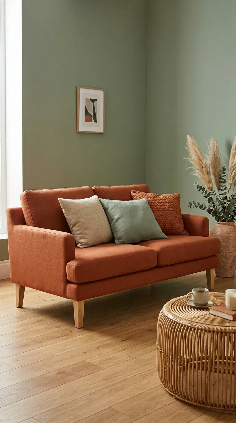 Burnt orange linen sofa with ash wood legs sage dusty green and rust cushions rattan coffee table and pampas grass in terracotta vase