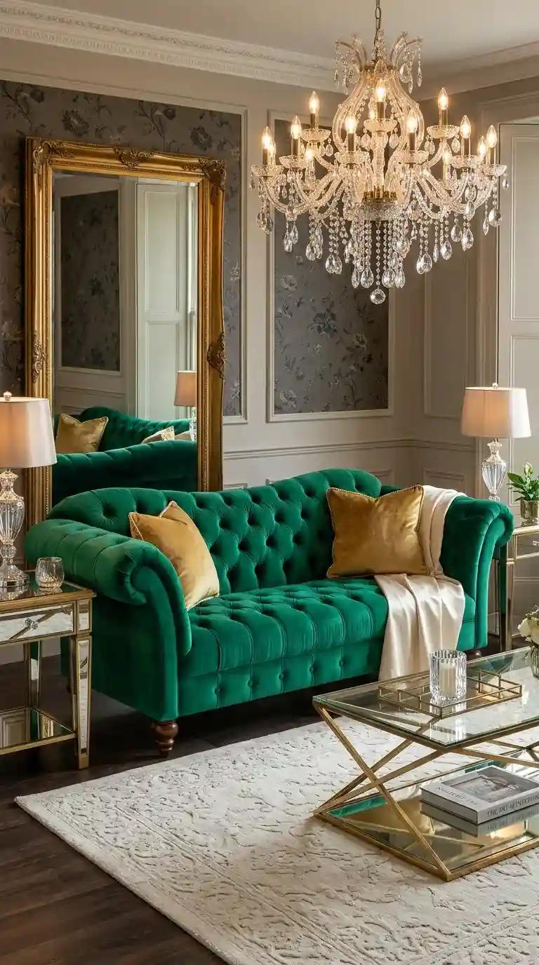 Jewel green velvet tufted sofa close up with floor-to-ceiling mirror, glass gold coffee table, crystal chandelier, and gold velvet cushions