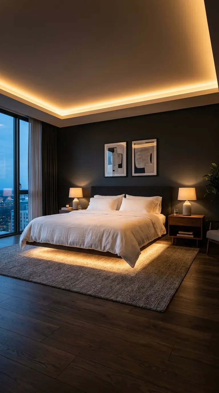 Luxury bedroom with oatmeal washed linen duvet dusty blue flat sheet cream bouclé throw layered pillows and white bud vase on bedside