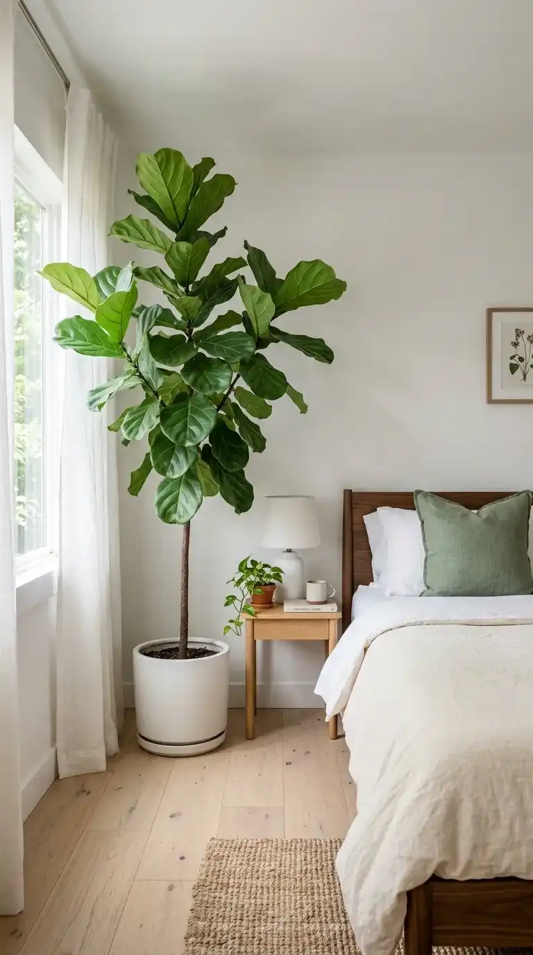 modern tiny bedroom with tall fiddle leaf fig tree in white ceramic pot beside low walnut bed frame