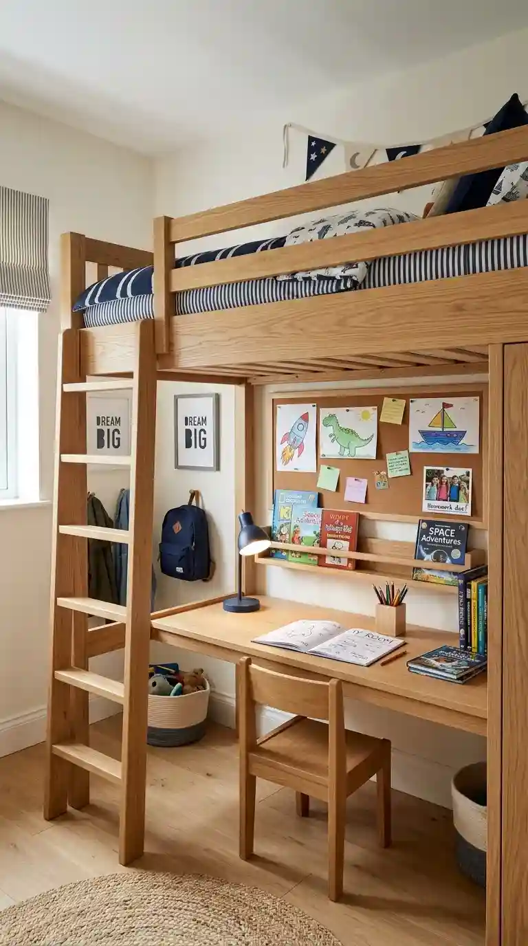 Kids bedroom bunk bed with upper sleeping bunk and lower built-in study desk, shelf, and compact chair below