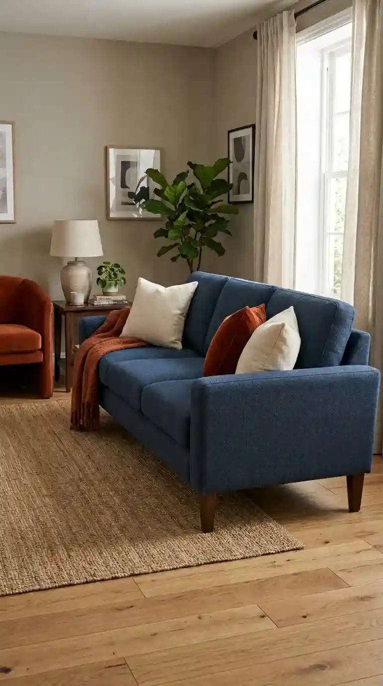 Navy blue woven sofa with a rust orange velvet cushion and dark walnut legs beside a rust barrel accent chair in a neutral room