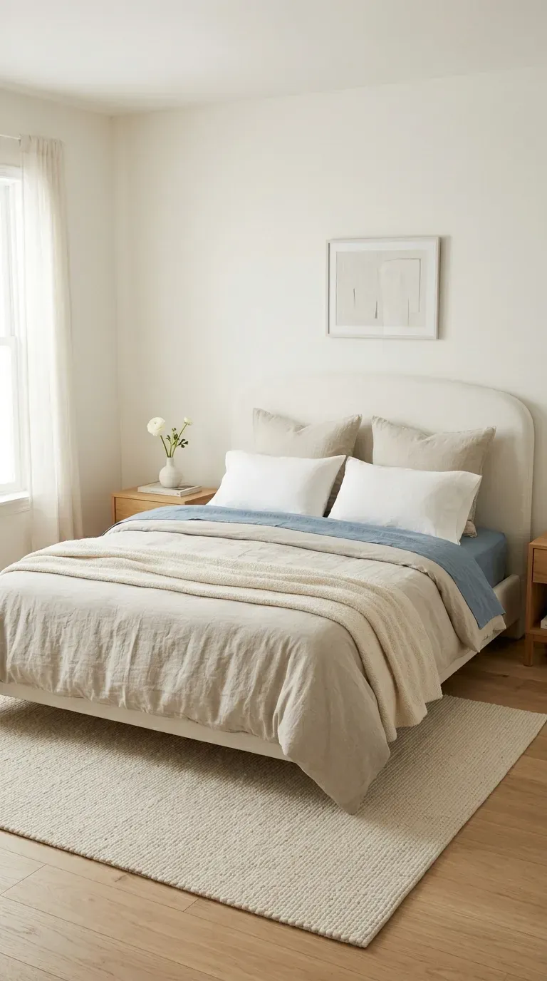 Luxury bedroom with oatmeal washed linen duvet dusty blue flat sheet cream bouclé throw layered pillows and white bud vase on bedside
