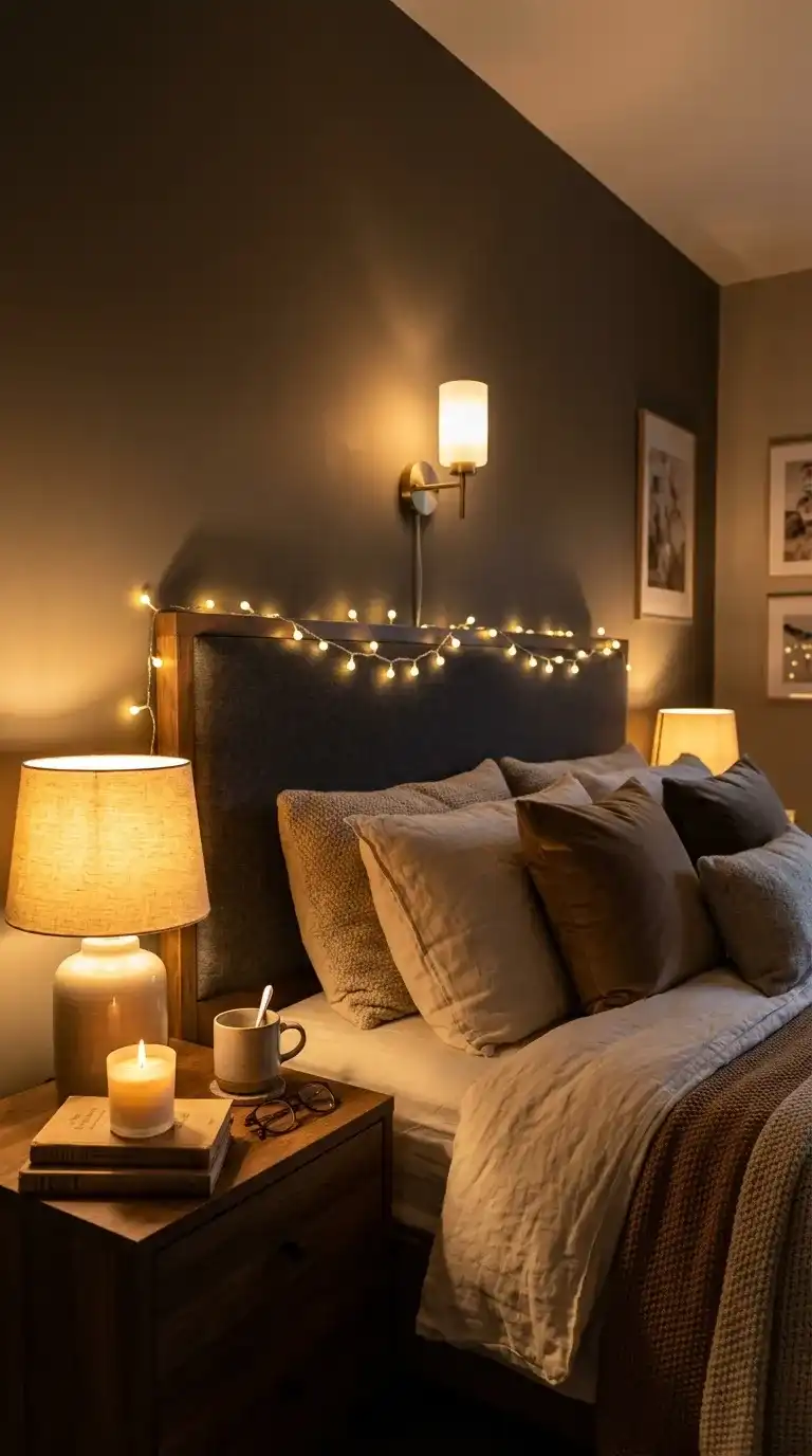 cozy bedroom at night with warm glowing table lamp wall sconce fairy lights on headboard and caramel bedding