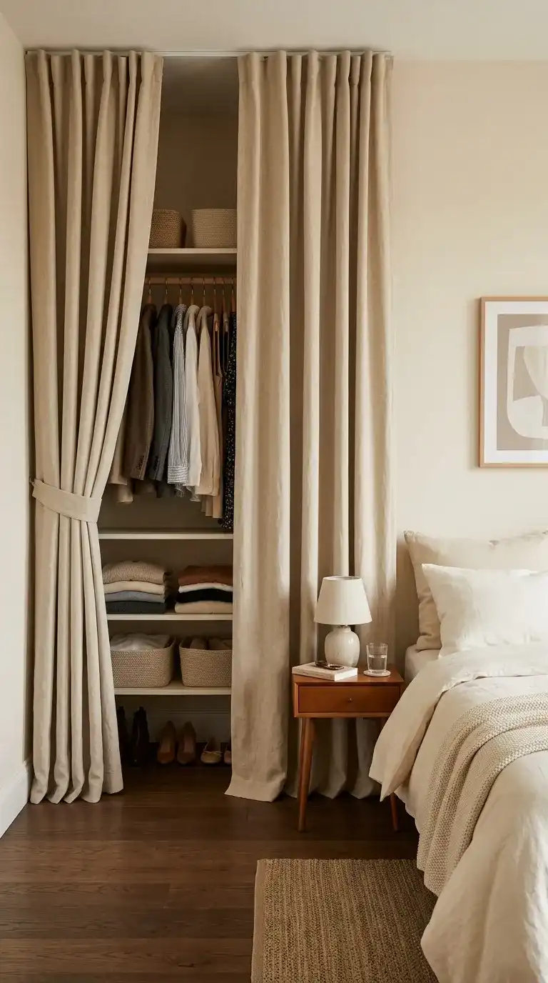 Floor to ceiling oatmeal linen curtain on a ceiling track covering a closet opening with one panel drawn back in a small bedroom