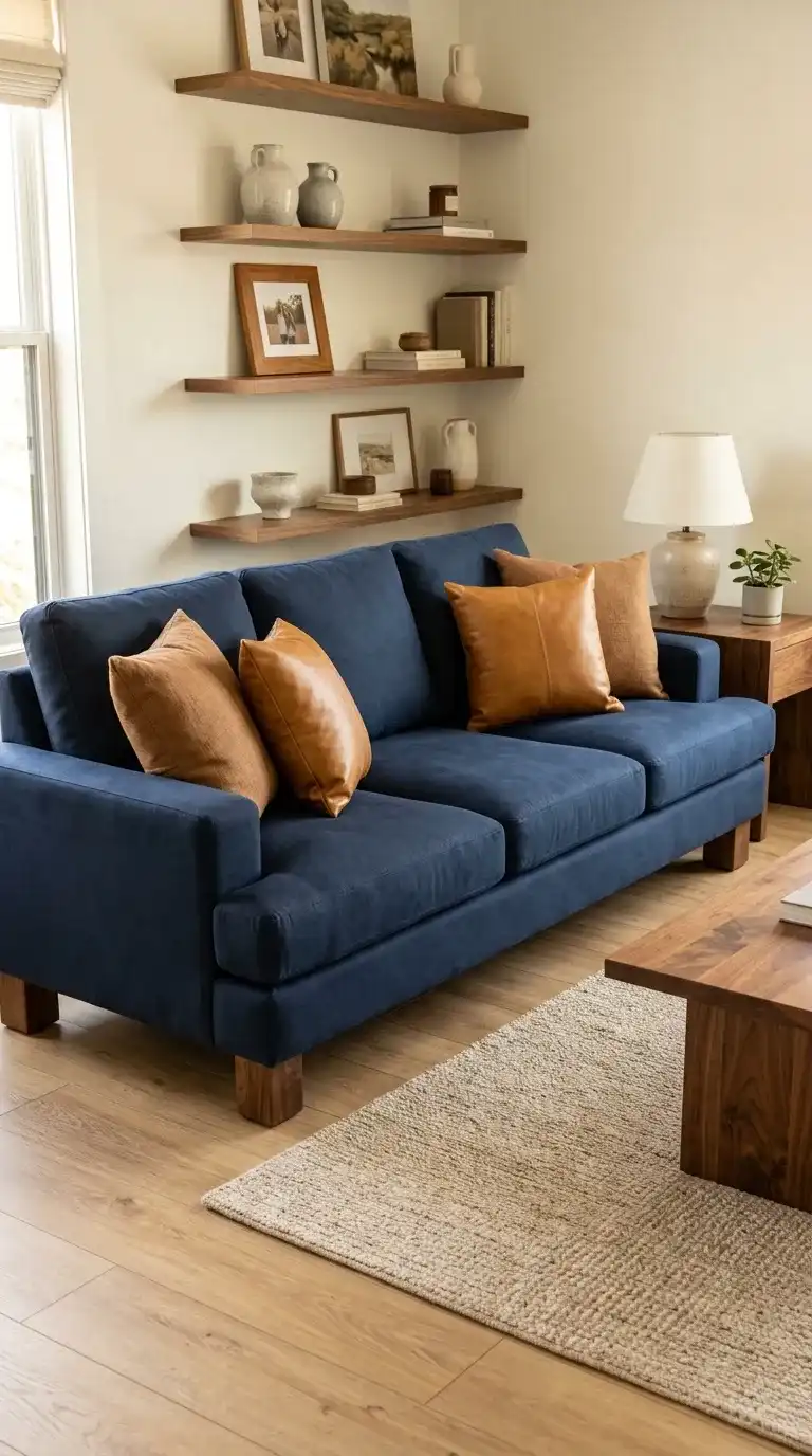 Navy blue brushed cotton sofa with caramel linen pillows and chunky walnut slab legs beside warm wood shelves and a walnut table