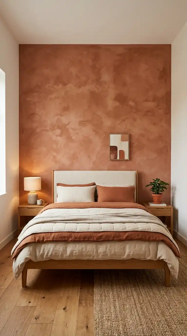 bedroom with terracotta limewash textured feature wall behind natural linen headboard and warm cream bedding