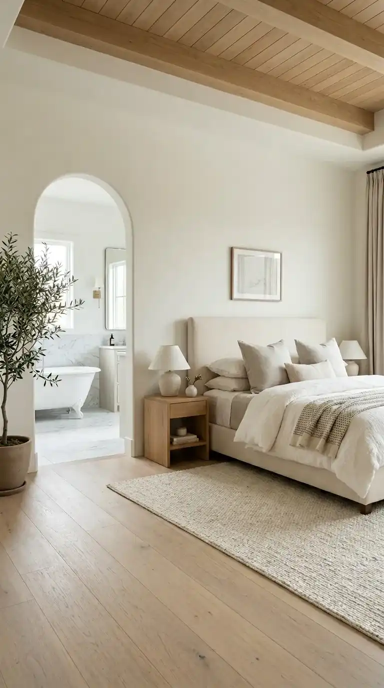 Modern luxury bedroom with full arched doorway leading into white marble ensuite with freestanding bath visible through the arch